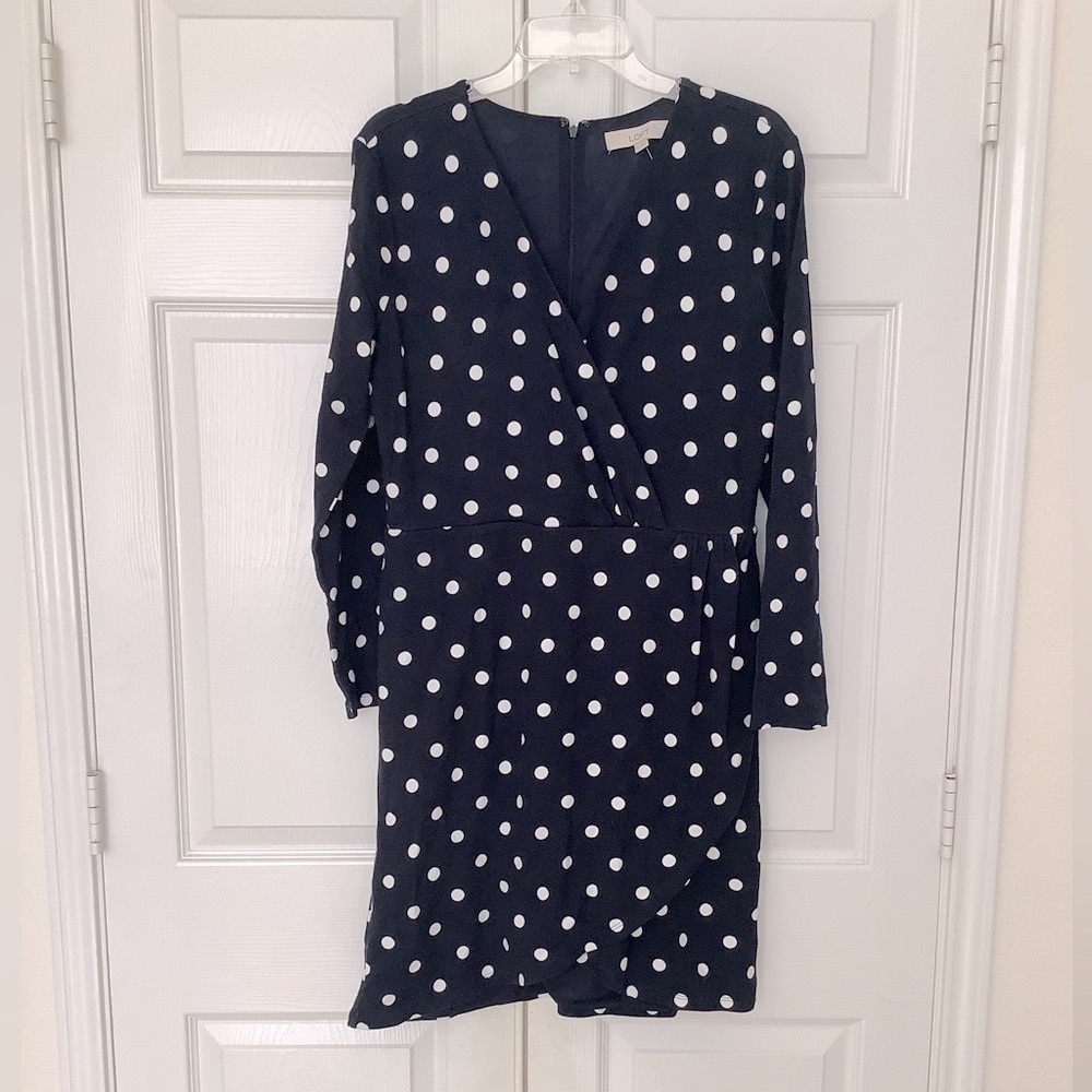 NWT LOFT Ponte Dress Navy White Polka Dot V Neck Faux Wrap 12